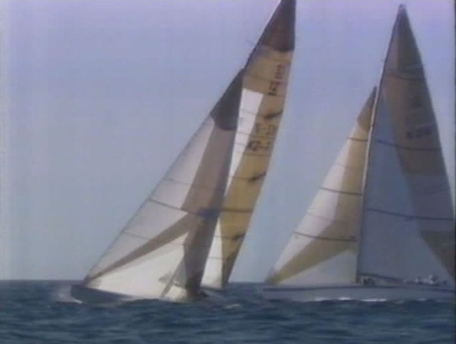 White Crusader wrestles with KZ-7 in their death match of the 1987 Louis Vuitton Cup - TVNZ's free to air coverage of every Lios Vuitton Cup and America's Cup racing started in 1986/87  © SW